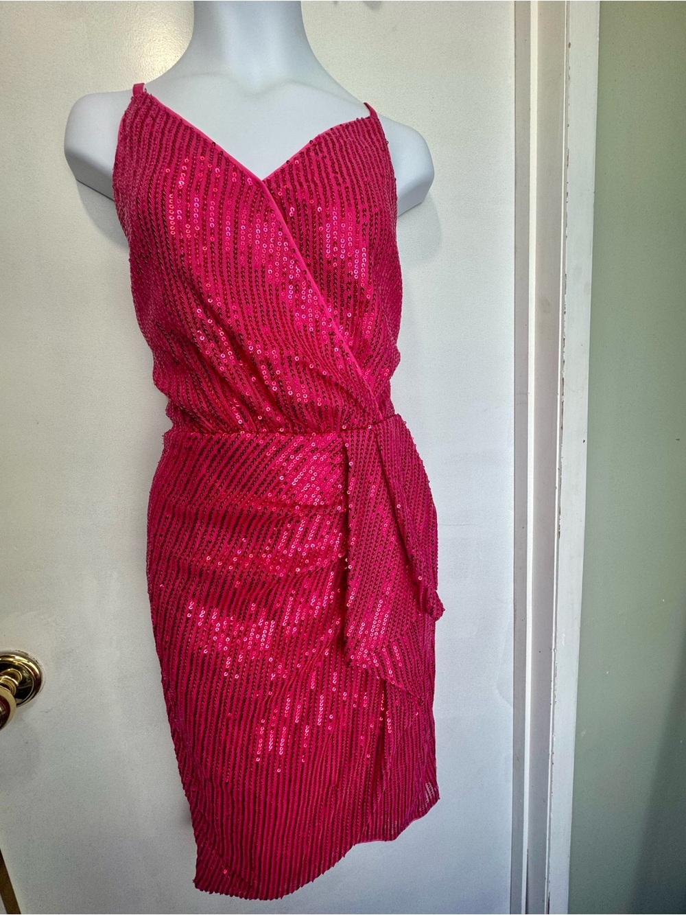Grace Karin Hot Pink Sequin Wrap Mini Dress
